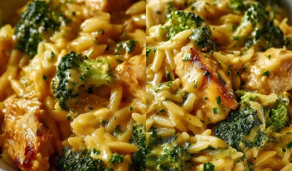 Cheesy Chicken Broccoli Orzo dish topped with melted cheese and fresh broccoli.