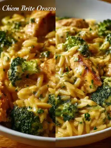 Cheesy Chicken Broccoli Orzo dish topped with melted cheese and fresh broccoli.