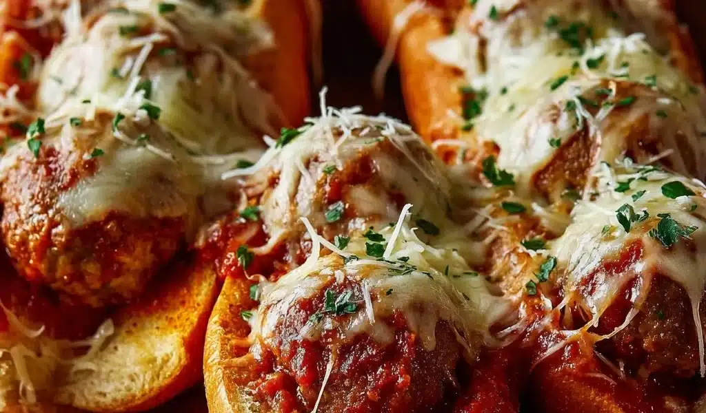 Cheesy Meatball Subs: The Ultimate Comfort Food 6 Cheesy meatball subs with melted cheese and fresh herbs on a rustic bun