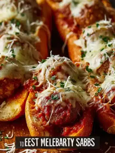 Cheesy meatball subs with melted cheese and fresh herbs on a rustic bun