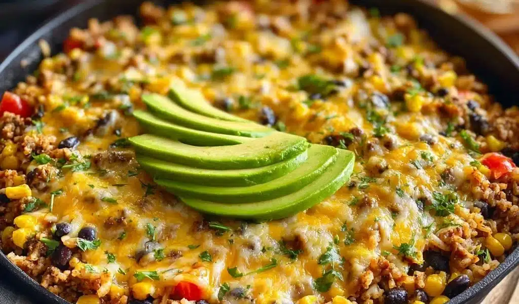 Cheesy Taco Rice Skillet - A Flavorful, Easy Recipe 8 Cheesy Taco Rice Skillet with savory toppings and vibrant colors