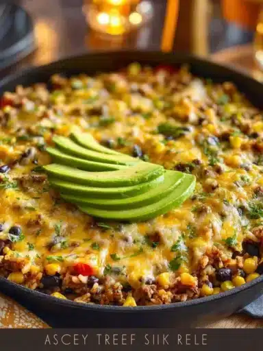 Cheesy Taco Rice Skillet with savory toppings and vibrant colors