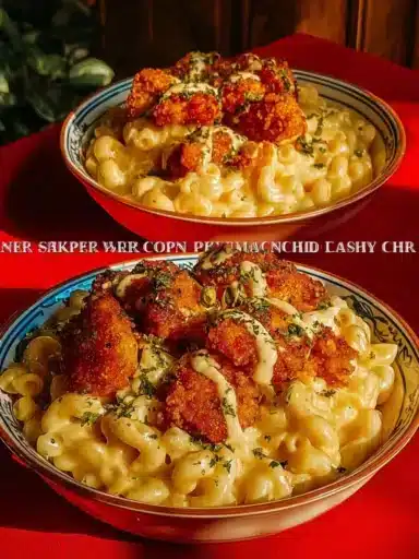 Creamy chicken breast mac and cheese served in a bowl.