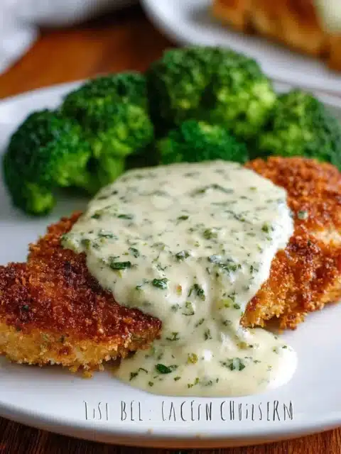 Delicious chicken in basil cream sauce served on a plate with fresh basil garnish.