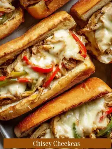 Delicious Chicken Philly Cheese Steaks served with melted cheese and peppers