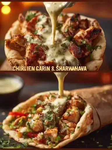Delicious Chicken Shawarma with homemade garlic sauce served in pita bread