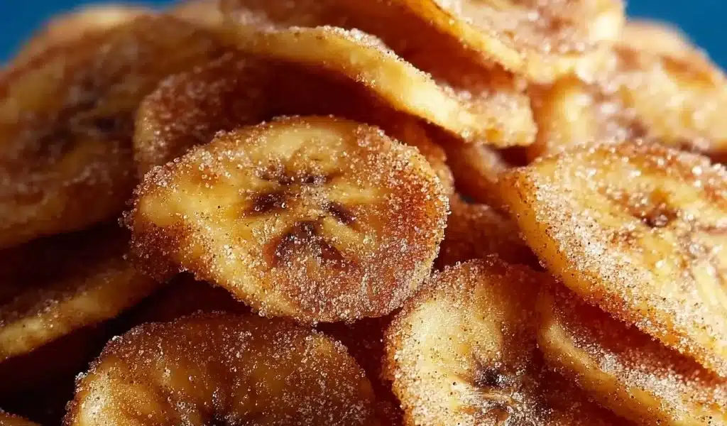 Cinnamon-sugar air fryer banana chips in a bowl