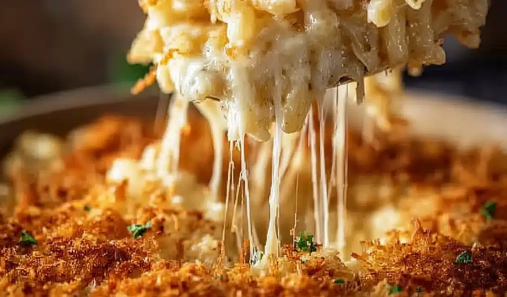 Delicious French Onion Chicken Bake served with rice and topped with cheese.