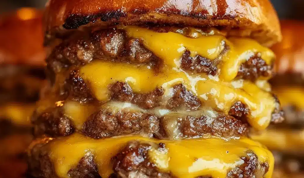 Crack Burgers Recipe: Easy, Delicious, and Irresistible 6 Delicious Crack Burgers with melted cheese and toppings on a wooden platter