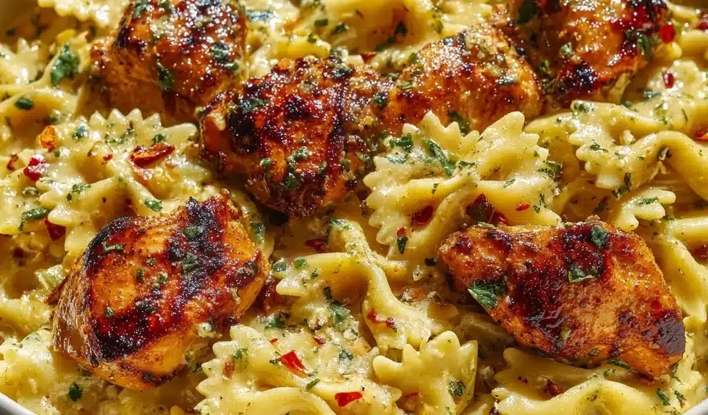 Delicious creamy garlic chicken served on a plate with herbs