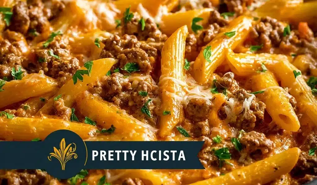 Creamy high protein beef pasta dish served in a bowl