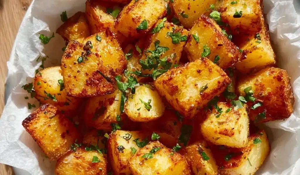 Crispy airfryer potatoes served in a bowl with herbs and spices