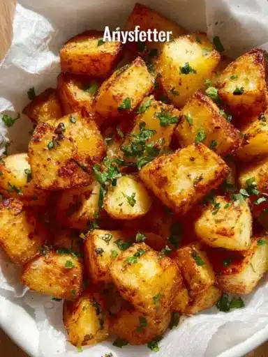 Crispy airfryer potatoes served in a bowl with herbs and spices