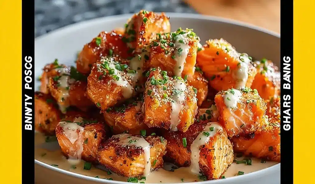 Crispy Bang Bang Salmon bites garnished with a spicy sauce