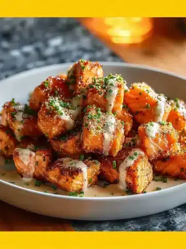 Crispy Bang Bang Salmon bites garnished with a spicy sauce