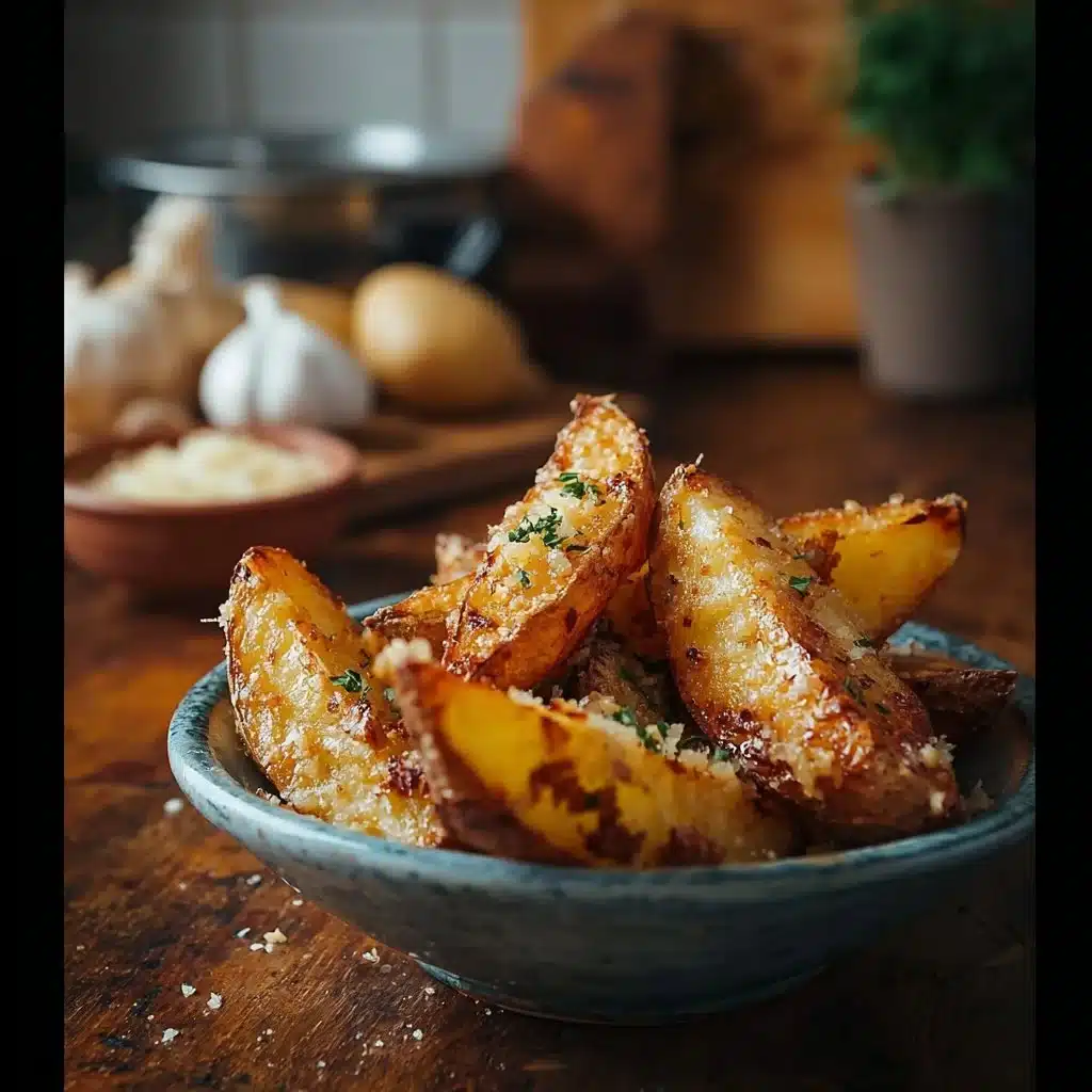 Crispy garlic parmesan potato wedges served on a plate