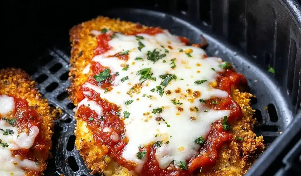 Crispy Healthy Chicken Parmesan made in an air fryer, garnished with herbs.