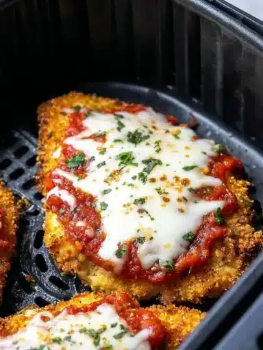 Crispy Healthy Chicken Parmesan made in an air fryer, garnished with herbs.