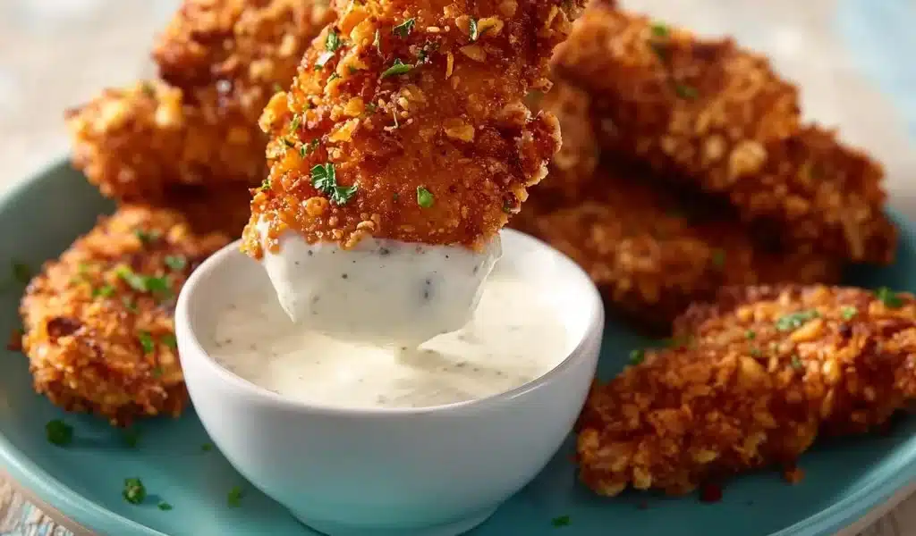 Crispy Hot Honey Chicken Tenders 8 Plate of crispy hot honey chicken tenders drizzled with hot honey sauce