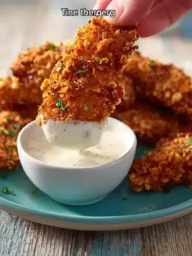 Plate of crispy hot honey chicken tenders drizzled with hot honey sauce
