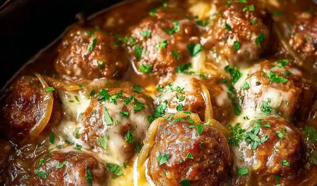 Crock Pot French Onion Meatballs served in a bowl with melted cheese on top