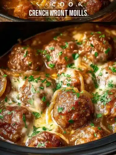 Crock Pot French Onion Meatballs served in a bowl with melted cheese on top