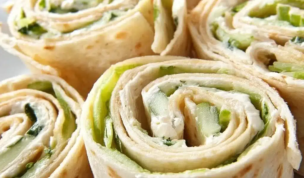 Cucumber Pinwheels filled with dill cream cheese on a platter.