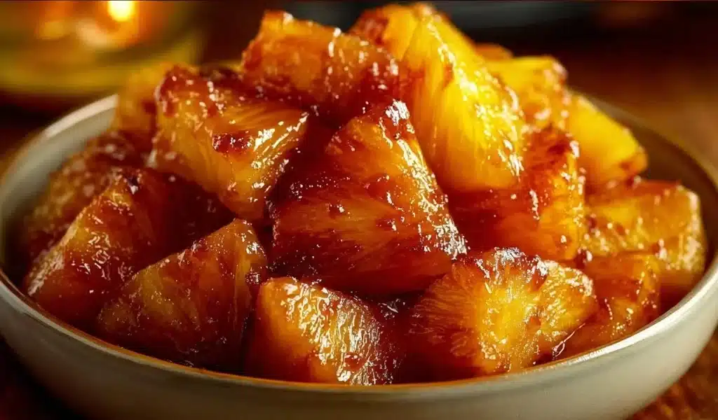Delicious air fryer caramelized pineapple slices on a plate.