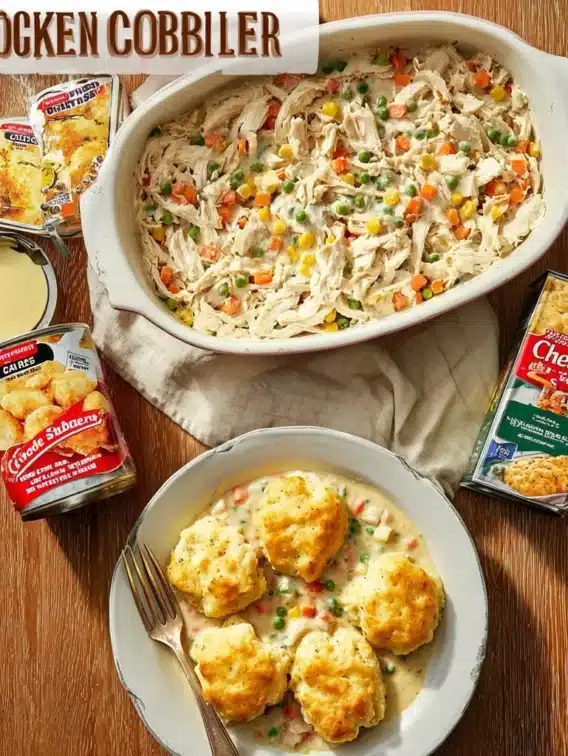 Easy chicken pot pie casserole with flaky crust and savory filling