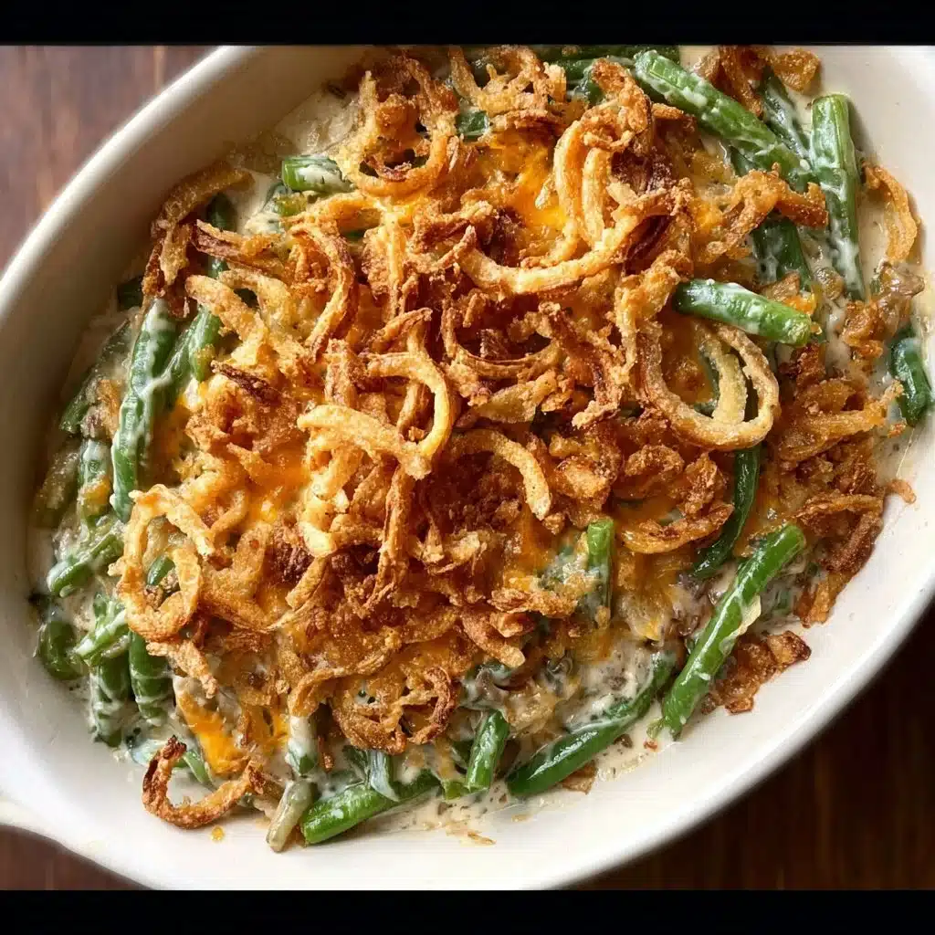 Easy green bean casserole with crispy toppings in a baking dish