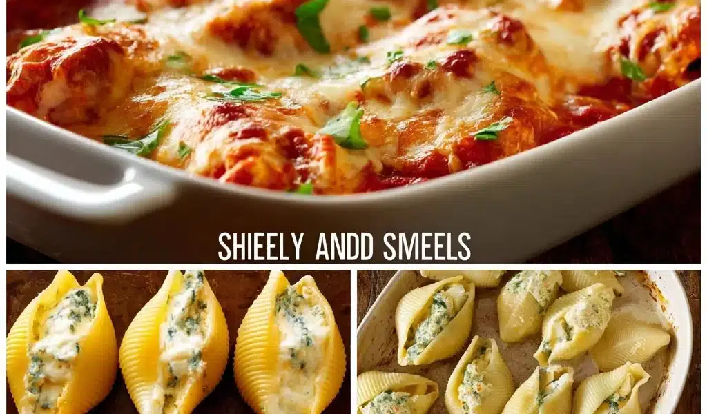 Plate of easy stuffed shells filled with ricotta and marinara sauce.