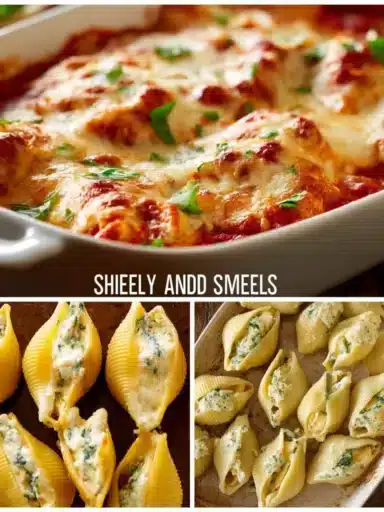 Plate of easy stuffed shells filled with ricotta and marinara sauce.