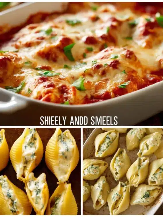 Plate of easy stuffed shells filled with ricotta and marinara sauce.