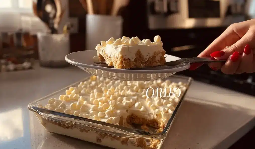 Delicious Golden Oreo cheesecake slice topped with whipped cream and cookie crumbs