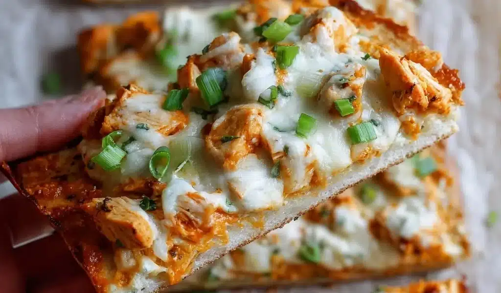 High Protein Buffalo Chicken Flatbread topped with fresh ingredients