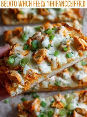 High Protein Buffalo Chicken Flatbread topped with fresh ingredients