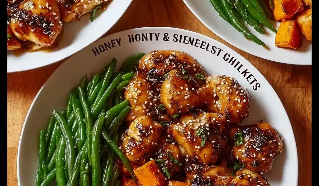Honey Garlic Chicken served with roasted sweet potato slices