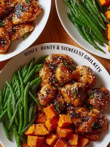 Honey Garlic Chicken served with roasted sweet potato slices
