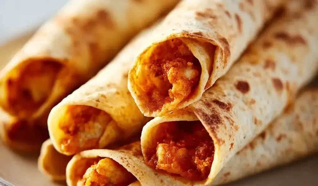 Crispy air fryer chicken taquitos on a plate, garnished with fresh toppings
