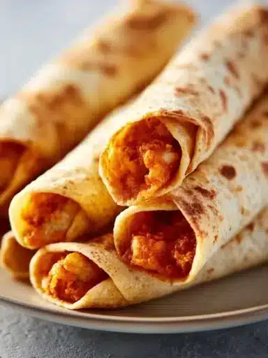 Crispy air fryer chicken taquitos on a plate, garnished with fresh toppings