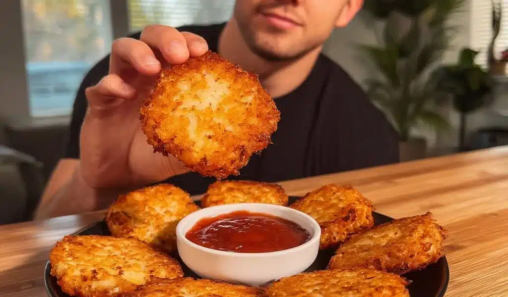 Low calorie crispy hashbrowns served on a plate with fresh herbs