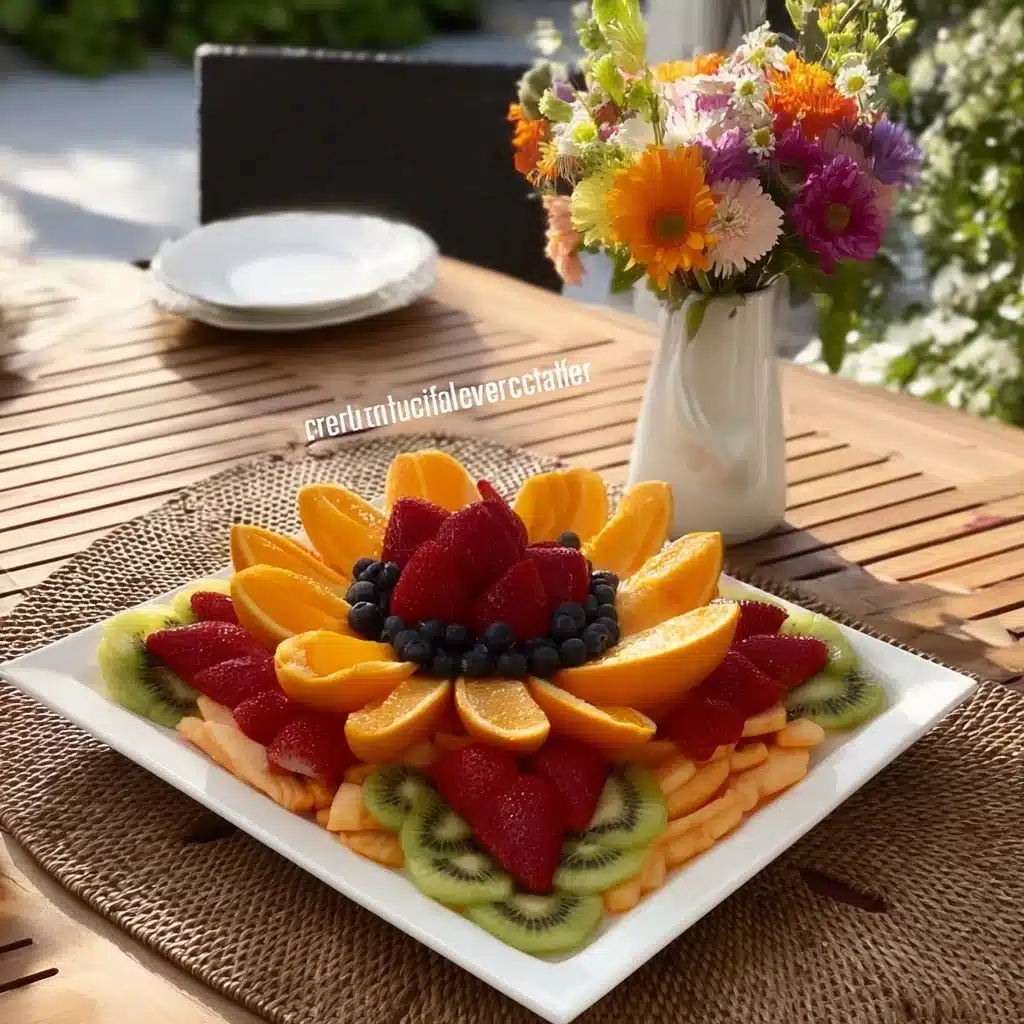 Elegant wedding centerpiece featuring fruit platters and tasteful designs.