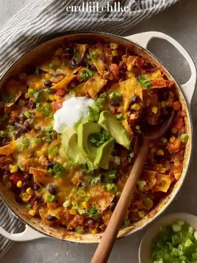 Delicious one-pan enchilada skillet recipe served with fresh toppings.