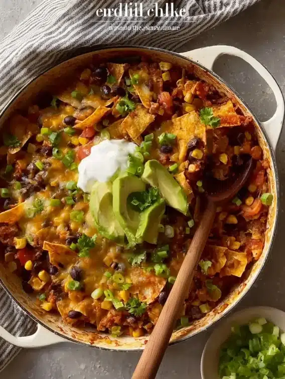 Delicious one-pan enchilada skillet recipe served with fresh toppings.
