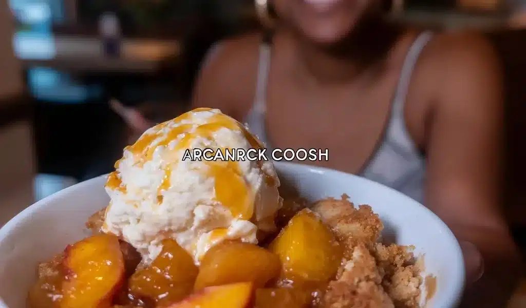 Delicious peach cobbler served warm with a scoop of vanilla ice cream.