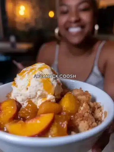 Delicious peach cobbler served warm with a scoop of vanilla ice cream.