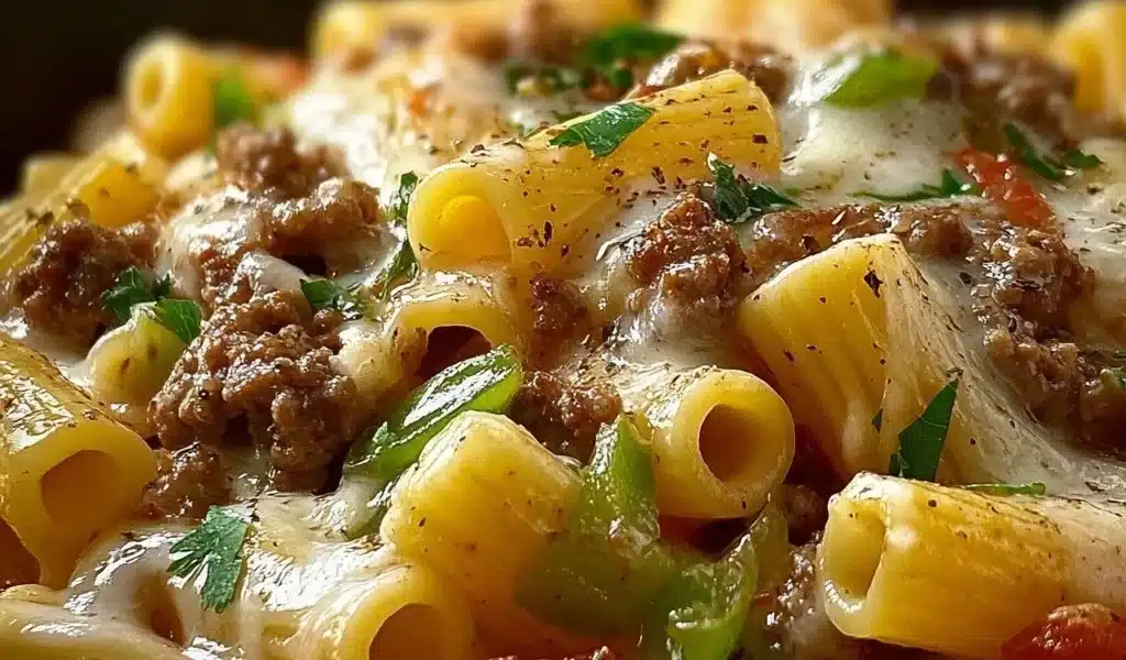 Philly Cheesesteak Pasta dish with steak, cheese, and pasta ingredients