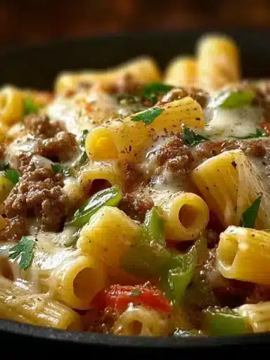 Philly Cheesesteak Pasta dish with steak, cheese, and pasta ingredients