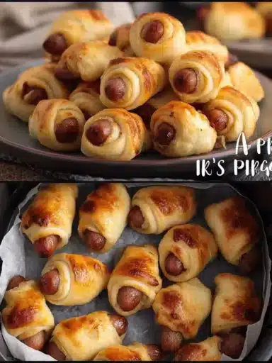 Platter of homemade pigs in a blanket, a tasty appetizer for parties.