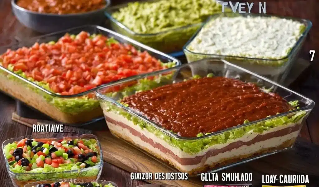 Colorful layered dip recipes served in a dish, perfect for parties and gatherings.